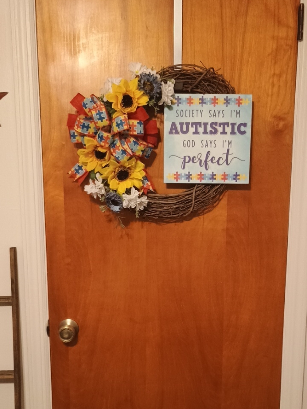Autism Awareness Grapevine Wreath with Sunflowers and Puzzle Ribbon